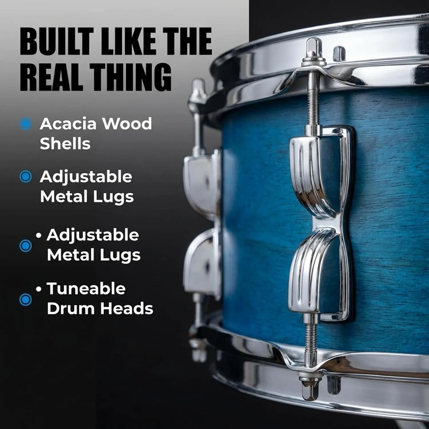 Close-up of blue junior drum showing wood shell, metal hardware and tuneable drum head