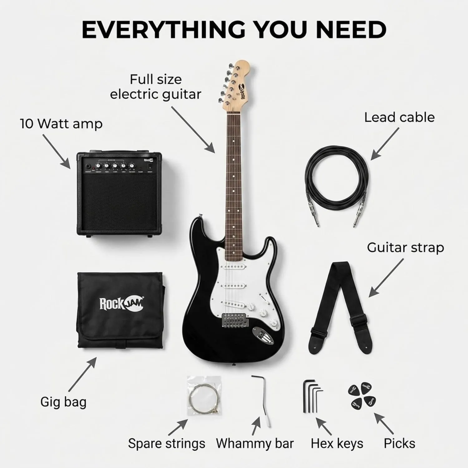 RockJam electric guitar kit with amplifier, gig bag, cable and accessories