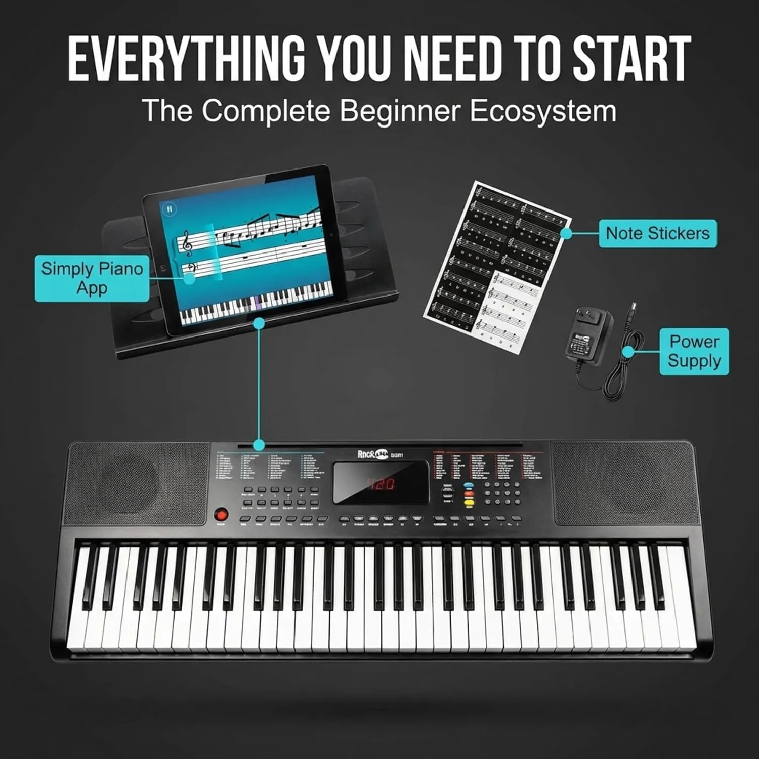 RockJam RJ361 61-key beginner keyboard with music stand, note stickers and learning support