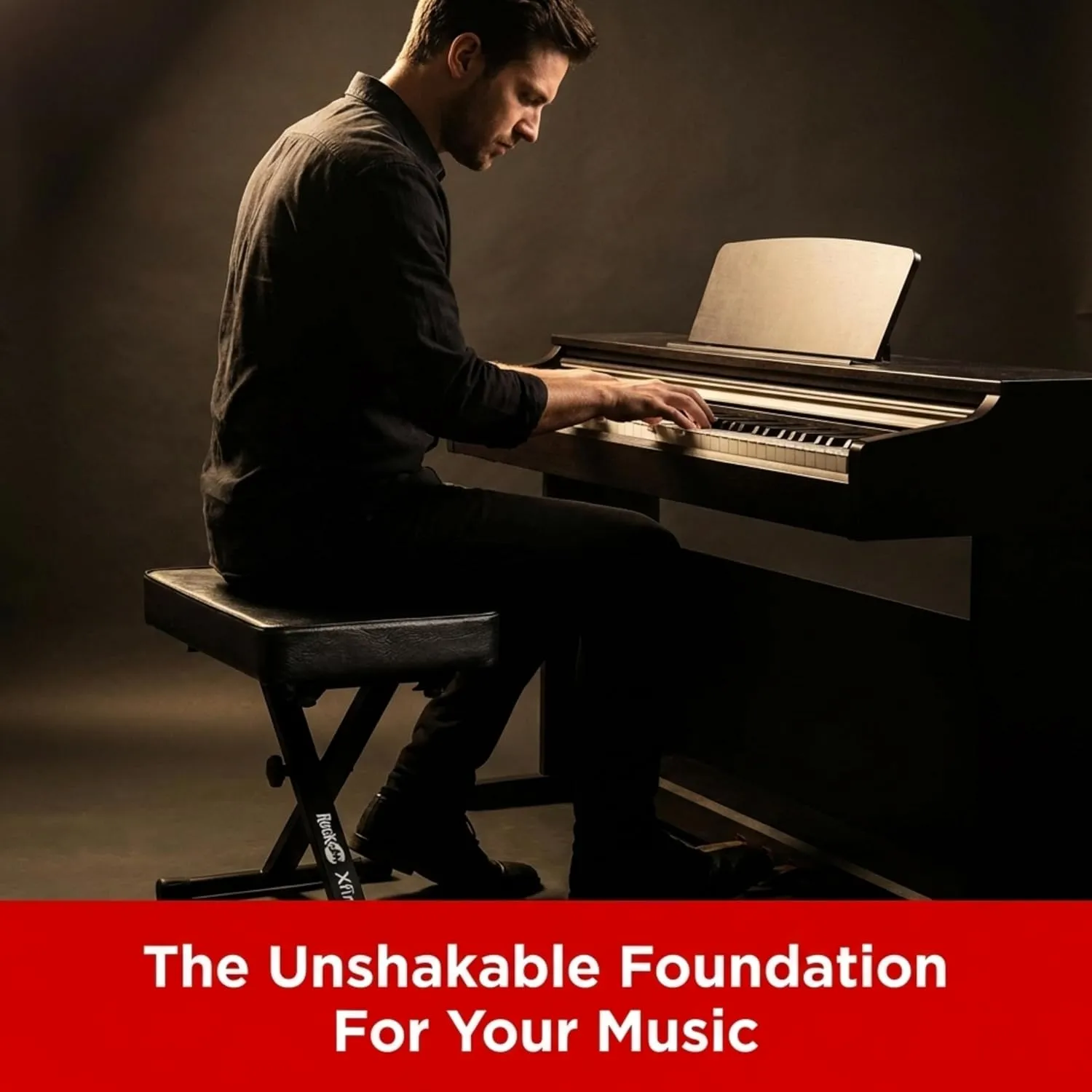 Man playing a digital piano while seated on a RockJam KB100 padded keyboard bench