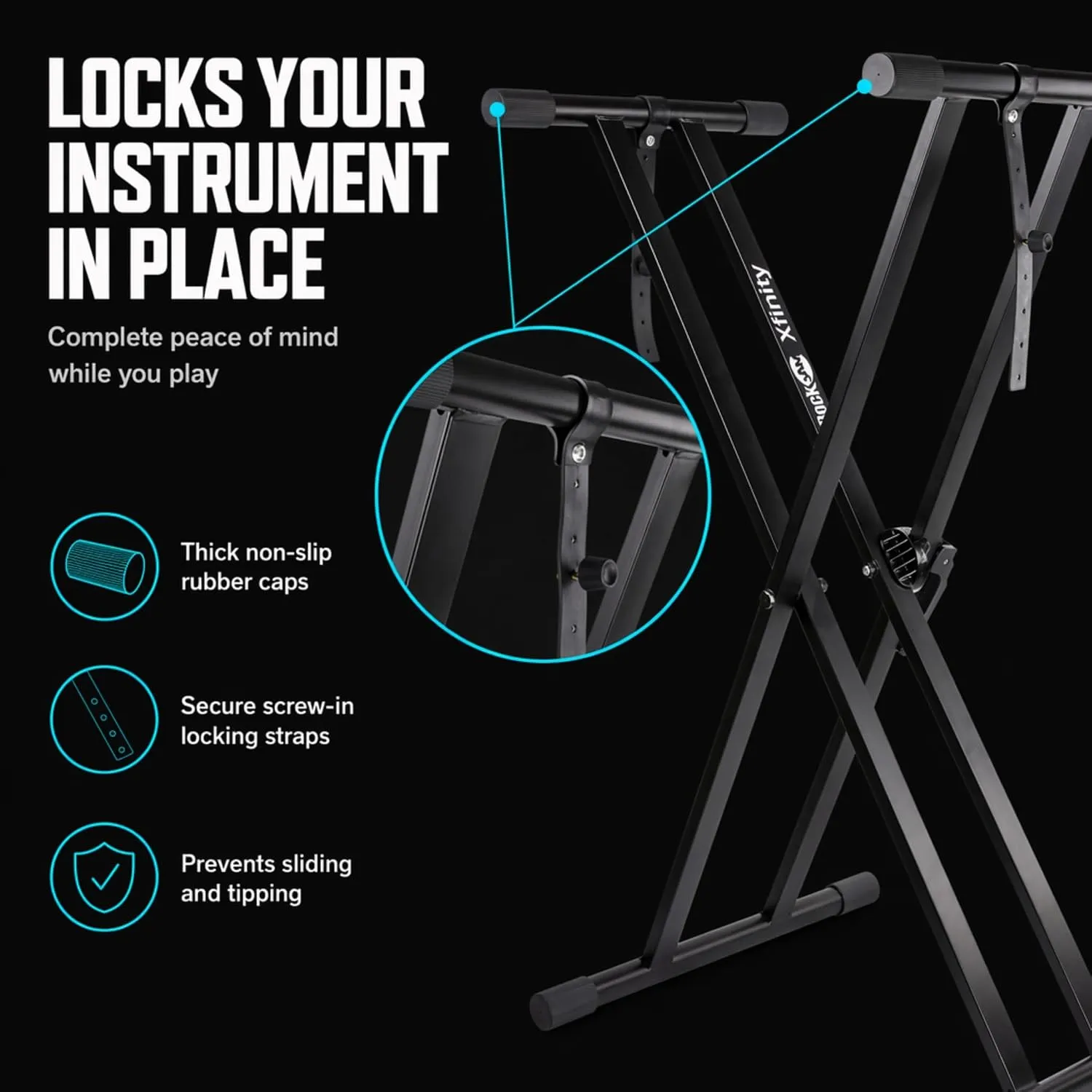 RockJam keyboard stand showing securing straps, non-slip rubber caps and double-X frame