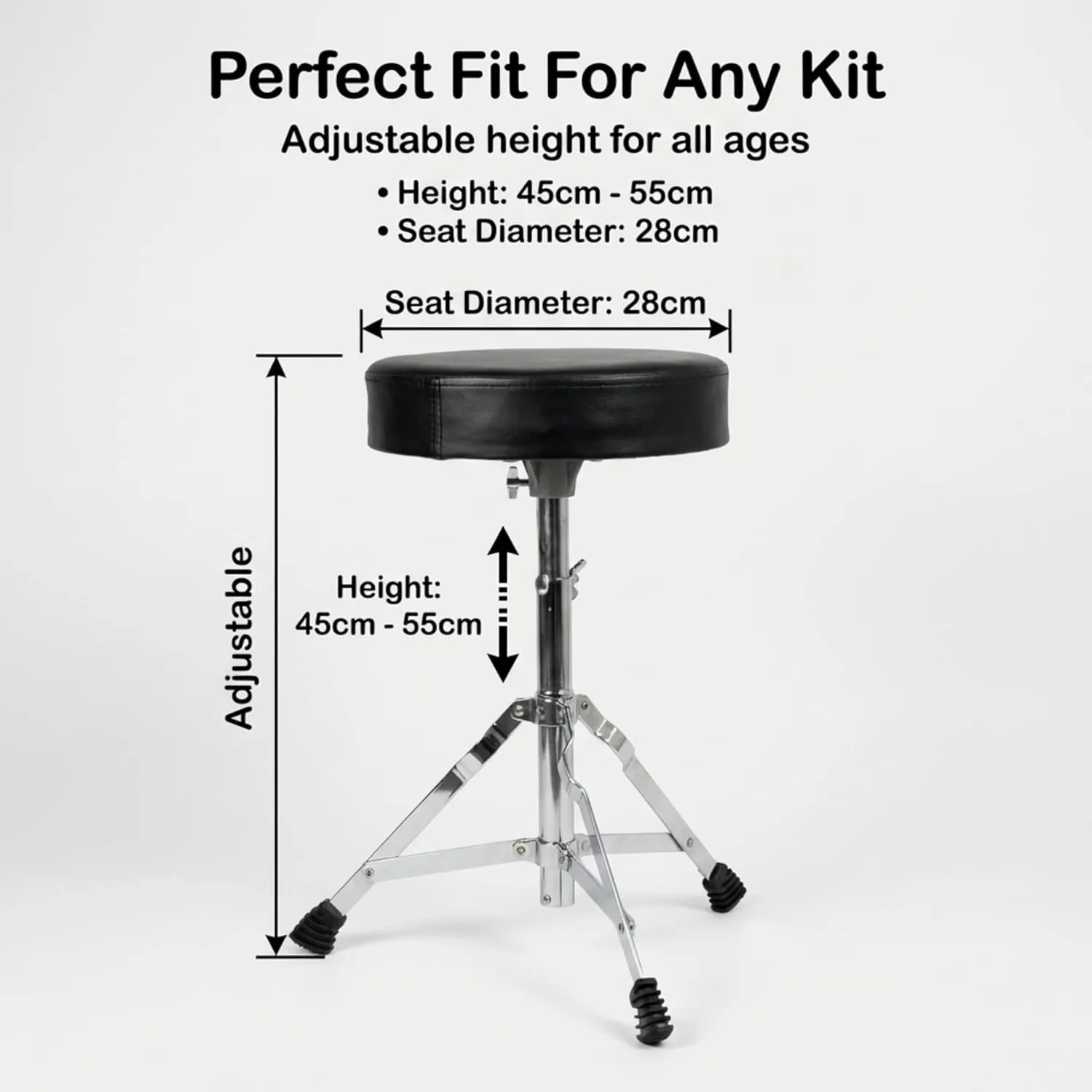 RockJam DP-001 drum throne showing 45 to 55 cm adjustable height and 28 cm seat diameter