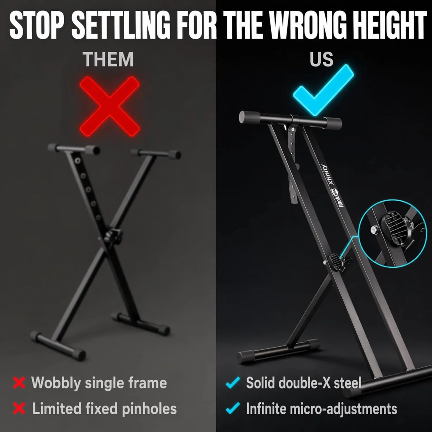 Comparison of a standard single-X keyboard stand with the RockJam double-X stand and micro-adjustable locking mechanism