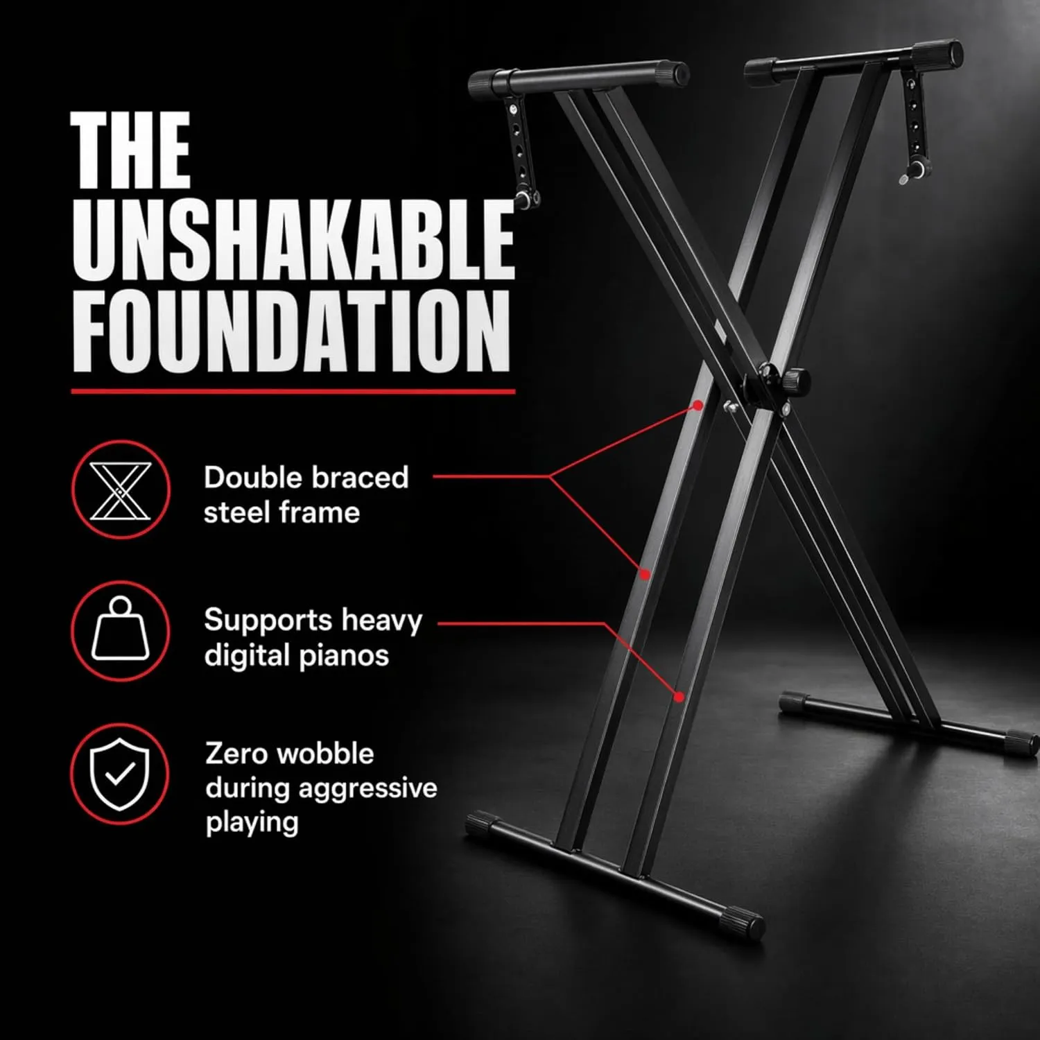 RockJam RJX29 keyboard stand showing quick-release locking mechanism and five height positions