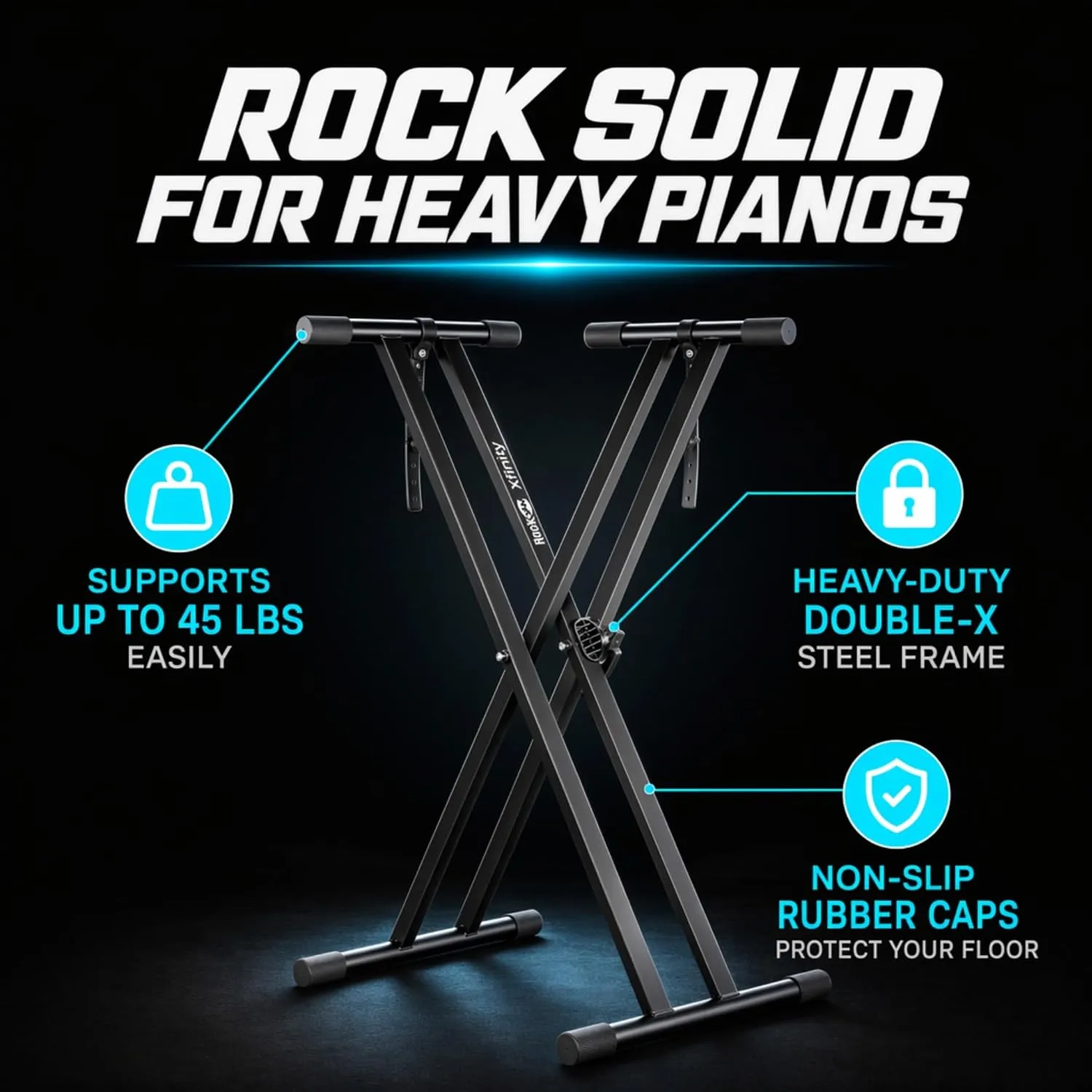 RockJam RJXX363 double-X steel keyboard stand highlighting 45 lb support capacity and non-slip feet