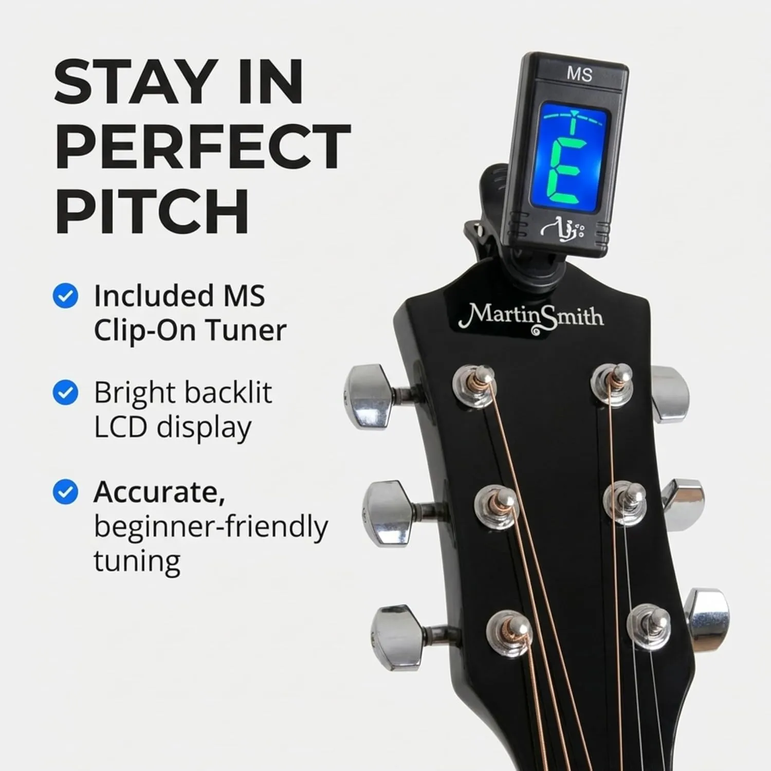 Clip-on electronic tuner fitted to Martin Smith W-101 acoustic guitar headstock