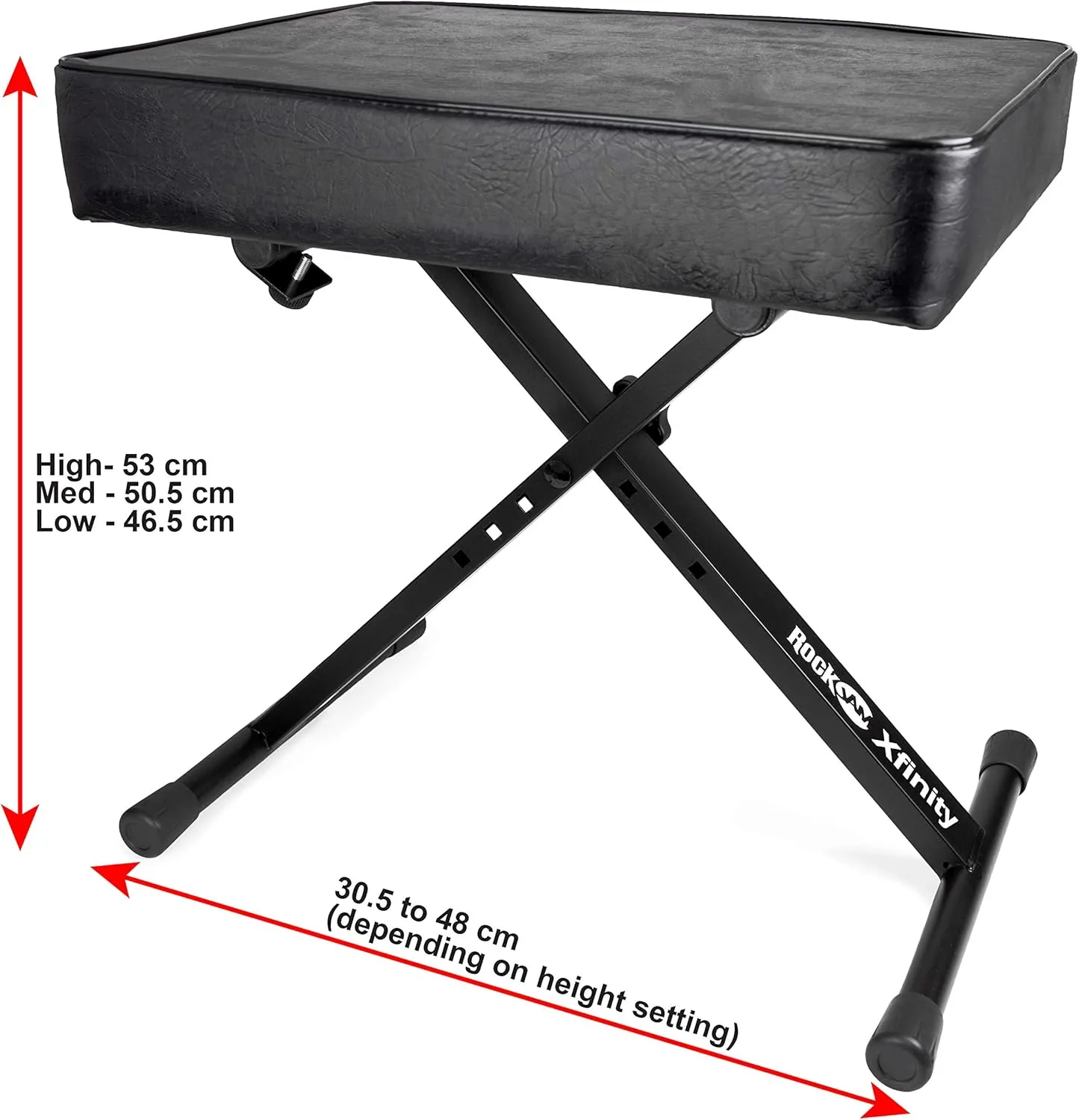 RockJam KB100 keyboard bench showing adjustable height and frame dimensions