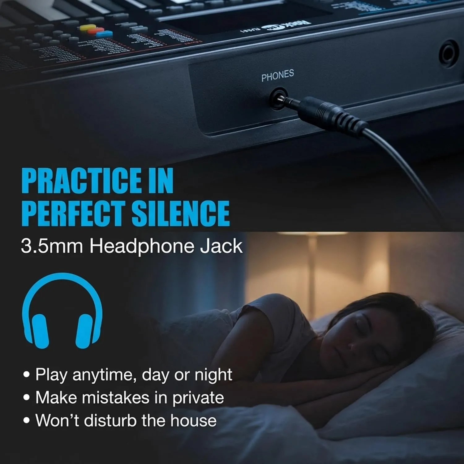 Headphones connected to RockJam RJ361 keyboard using 3.5mm headphone output